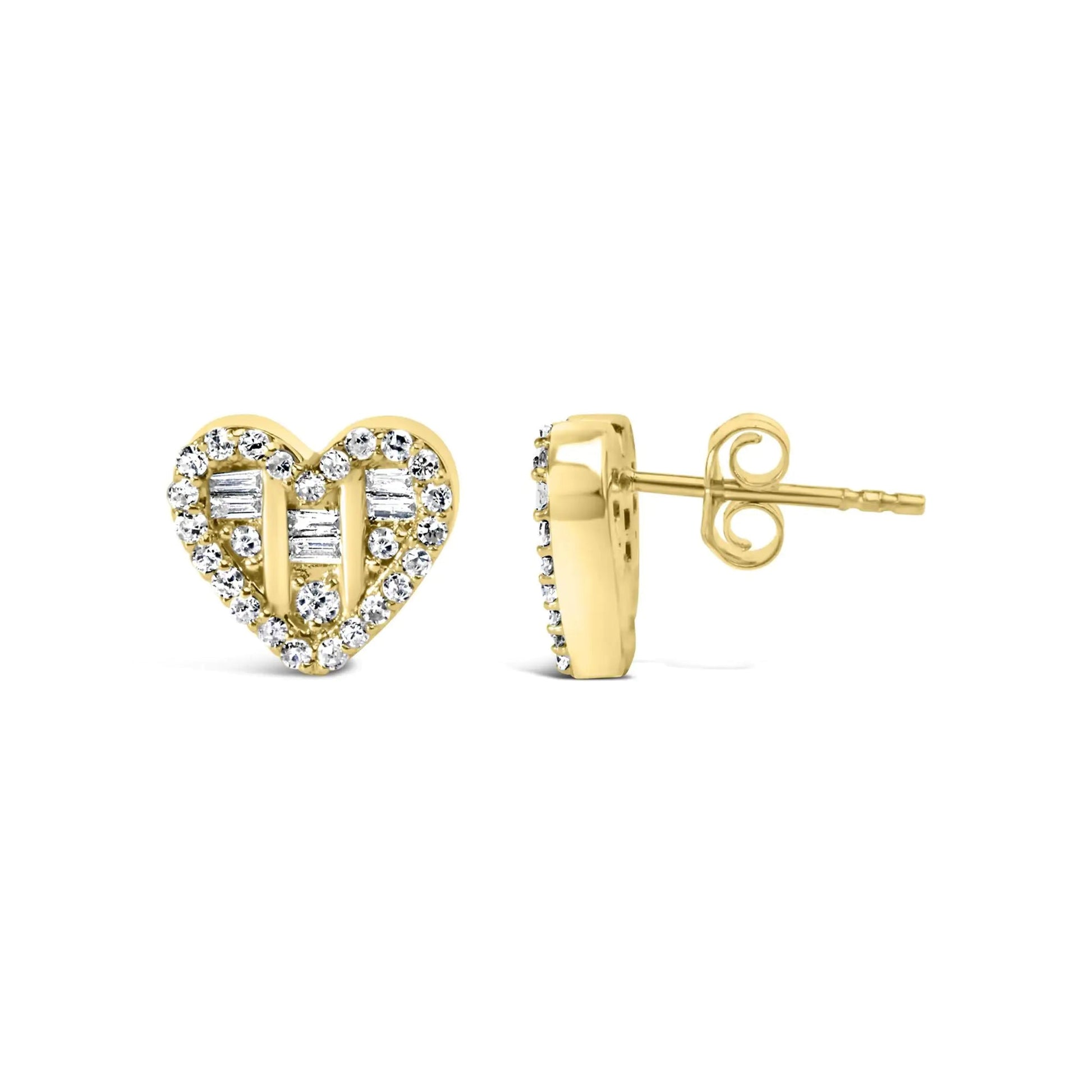 .925 Sterling Silver 1/2 Cttw Round and Baguette Diamond Composite Heart Shaped Stud Earring (I - J Color, SI2 - I1 Clarity) - Jaazi Intl