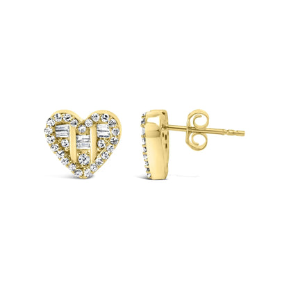 .925 Sterling Silver 1/2 Cttw Round and Baguette Diamond Composite Heart Shaped Stud Earring (I - J Color, SI2 - I1 Clarity) - Jaazi Intl