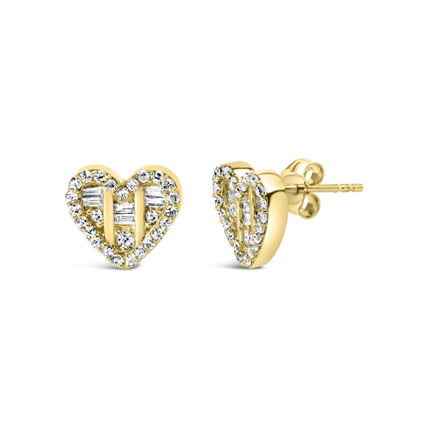 .925 Sterling Silver 1/2 Cttw Round and Baguette Diamond Composite Heart Shaped Stud Earring (I - J Color, SI2 - I1 Clarity) - Jaazi Intl