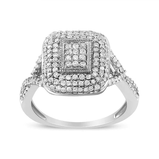 .925 Sterling Silver 1/2 Cttw Round - Cut Diamond Cluster Cushion Ring (I - J , I1 - I2) - Jaazi Intl