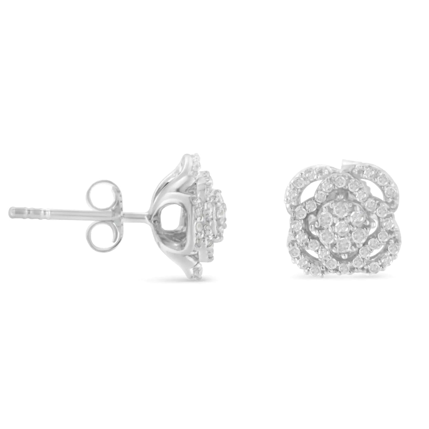 .925 Sterling Silver 1/2 cttw Round - cut Diamond Floral Cluster and Halo Stud Earring (I - J Color, I3 Clarity) - Jaazi Intl