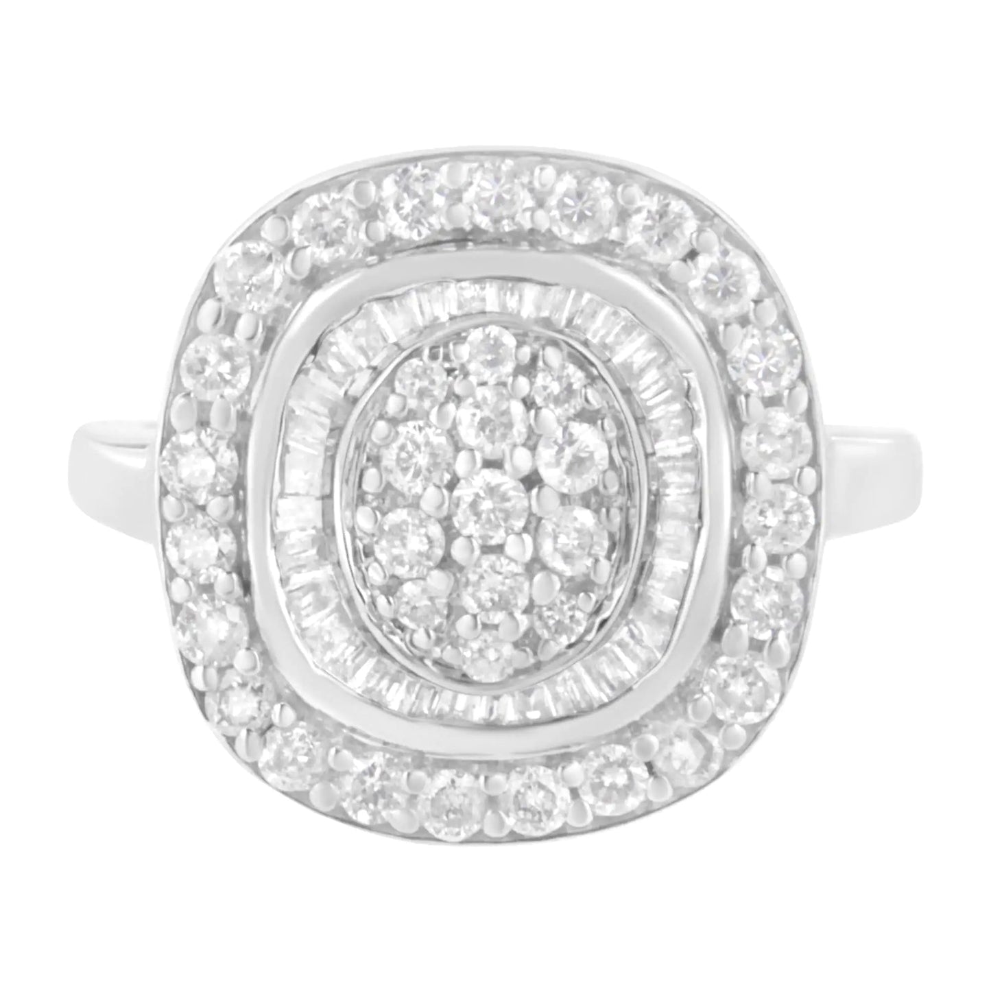 .925 Sterling Silver 1cttw Round and Baguette - Cut Diamond Square Cocktail Ring (I2 - I3 Clarity, H - I Color) - Jaazi Intl