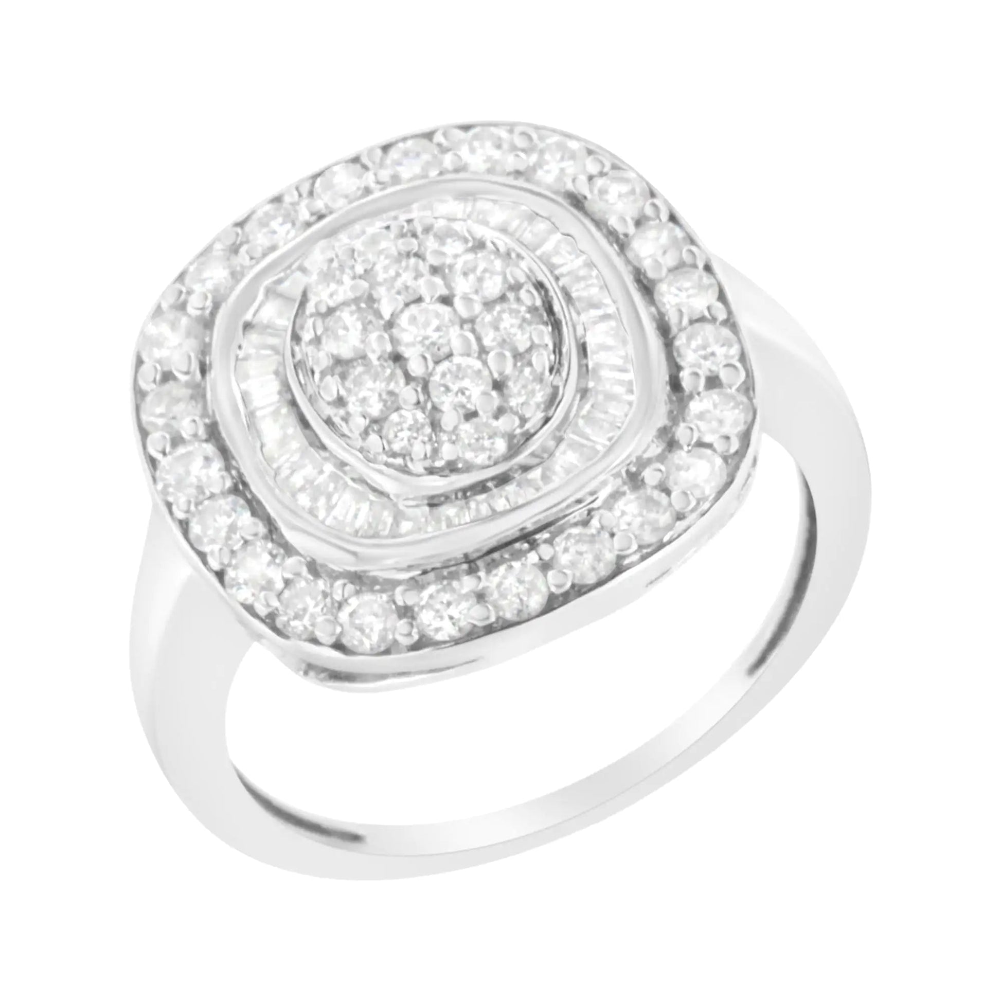 .925 Sterling Silver 1cttw Round and Baguette - Cut Diamond Square Cocktail Ring (I2 - I3 Clarity, H - I Color) - Jaazi Intl