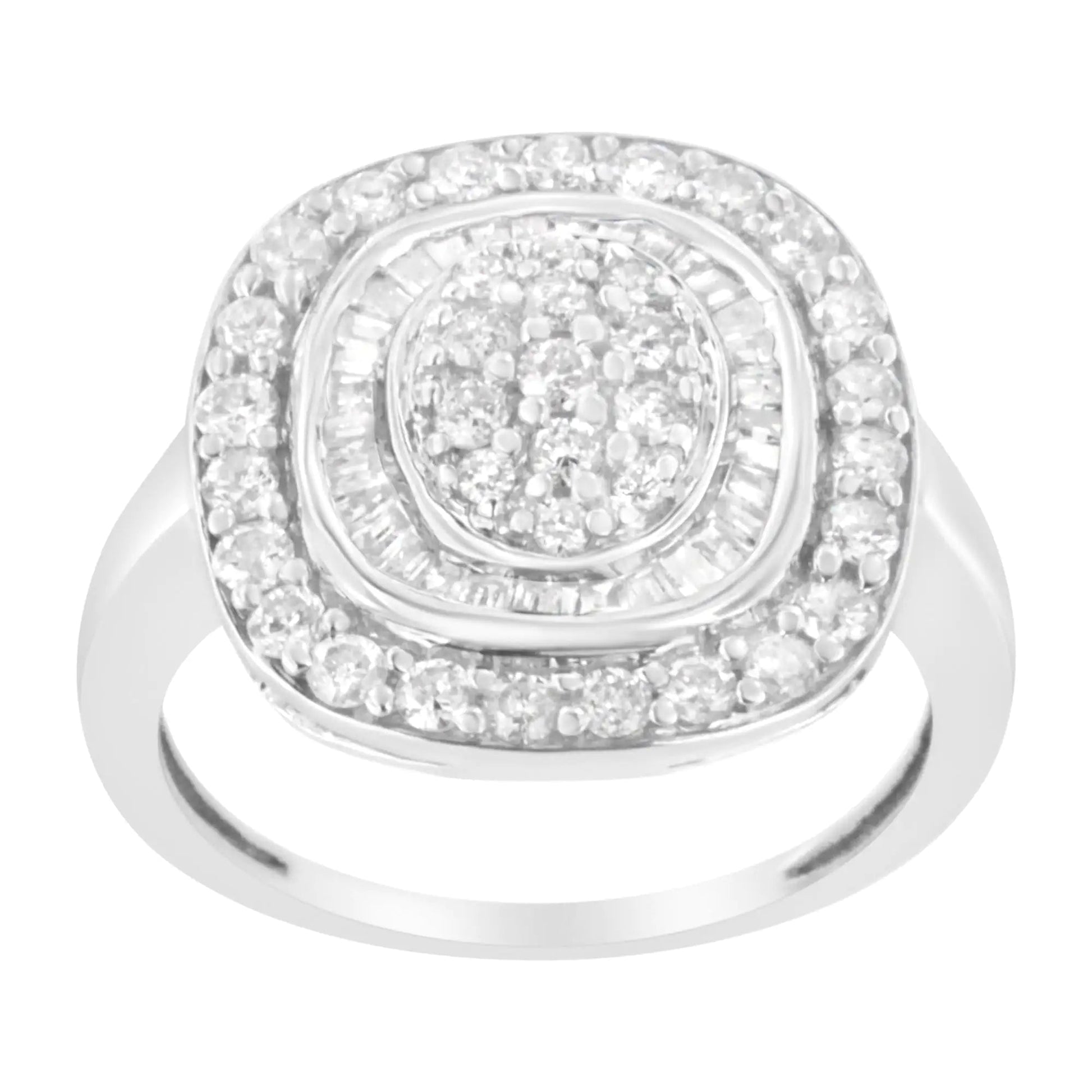 .925 Sterling Silver 1cttw Round and Baguette - Cut Diamond Square Cocktail Ring (I2 - I3 Clarity, H - I Color) - Jaazi Intl