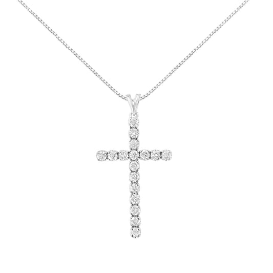 .925 Sterling Silver 2 cttw Classic Prong Set Round - Cut Diamond Cross 18" Pendant Necklace (I - J Color, I2 - I3 Clarity) - Jaazi Intl