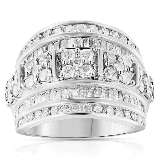 .925 Sterling Silver 2.0 Cttw Round & Baguette Cut Diamond Multi - Row Channel Set Tapered Cocktail Fashion Ring (I - J Color, I3 Clarity) - Jaazi Intl