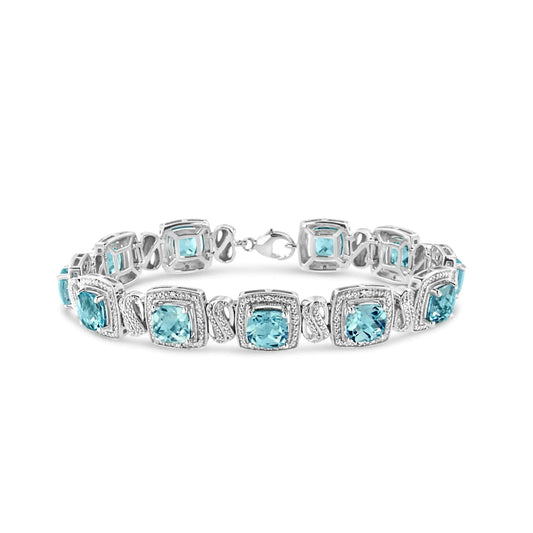 .925 Sterling Silver 7x7 mm Cushion Cut Blue Topaz and 1/10 Ctw Single Cut Diamond Square Shape Tennis Bracelet (I - J Color, I1 - I2 Clarity) - 7" - Jaazi Intl