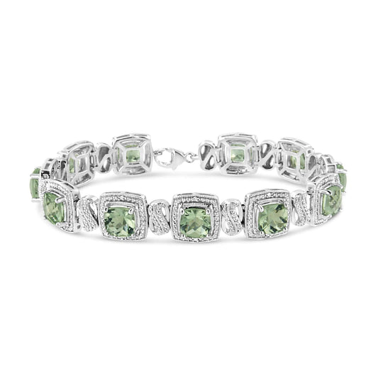 .925 Sterling Silver 7x7 mm Cushion Cut Green Amethyst and 1/10 cttw Single Cut Diamond Square Shape Tennis Bracelet (I - J Color, I1 - I2 Clarity) - 7" - Jaazi Intl