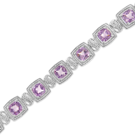 .925 Sterling Silver 7x7 mm Cushion Cut Purple Amethyst and 1/10 cttw Round Cut Diamond Square Shape Tennis Bracelet (I - J Color, I1 - I2 Clarity) - 7" - Jaazi Intl