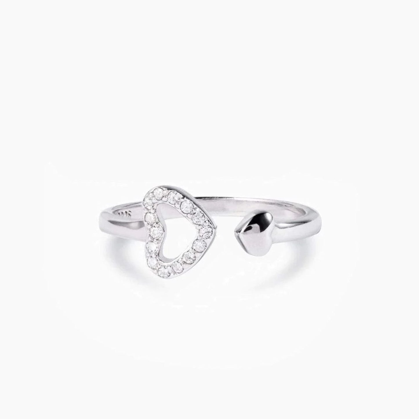 925 Sterling Silver Inlaid Zircon Heart Open Ring - Jaazi Intl