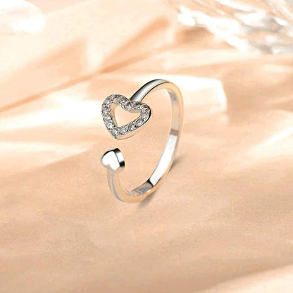 925 Sterling Silver Inlaid Zircon Heart Open Ring - Jaazi Intl