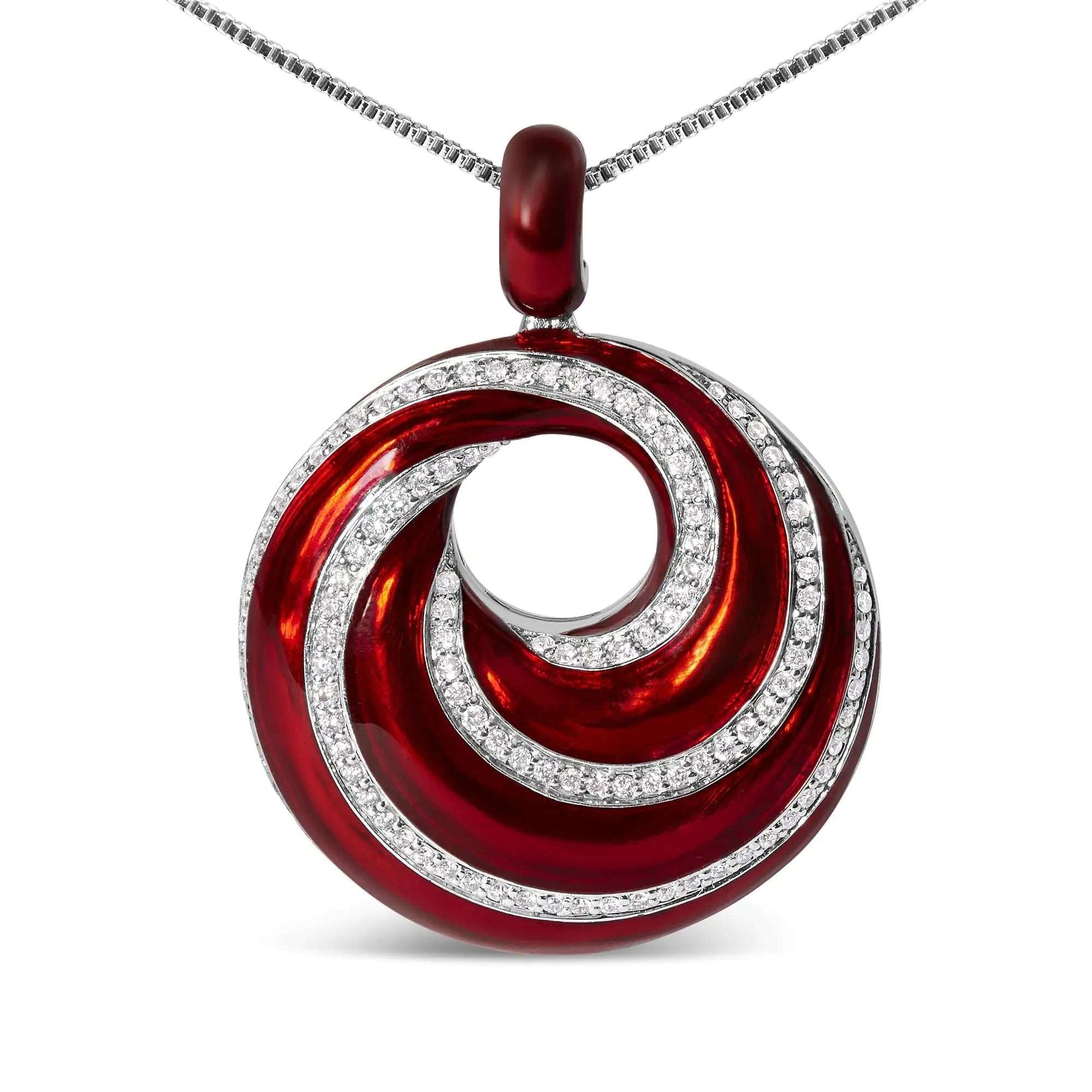 .925 Sterling Silver Red Enamel and 1/2 Diamond Endless Swirl Medallion 18" Pendant Necklace (F - G Color, VS1 - VS2 Clarity) - Jaazi Intl