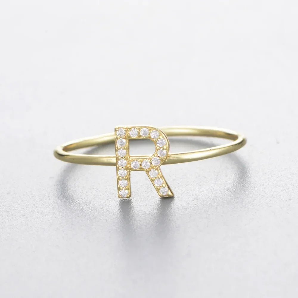 925 Sterling Silver Zircon Initial Letter Rings for Women Gold Ring A-Z Letters Finger Ring Couple Wedding Jewelry - Jaazi Intl