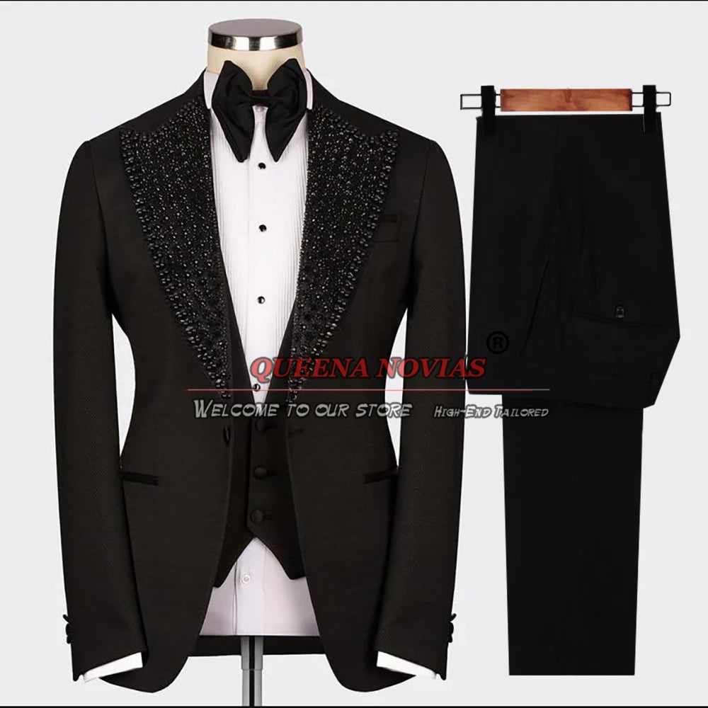 Black Groom Wedding Suits For Men Luxury Crystals Beading Jacket Vest Pants 3 Pieces Prom Tuxedos Tailor-Made Male Clothing 2024