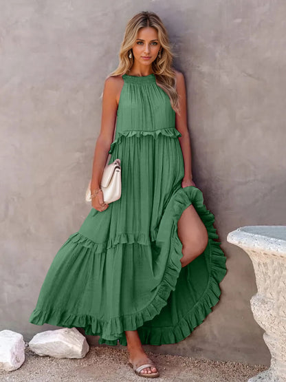 Ruffled Sleeveless Tiered Maxi Dress with Pockets