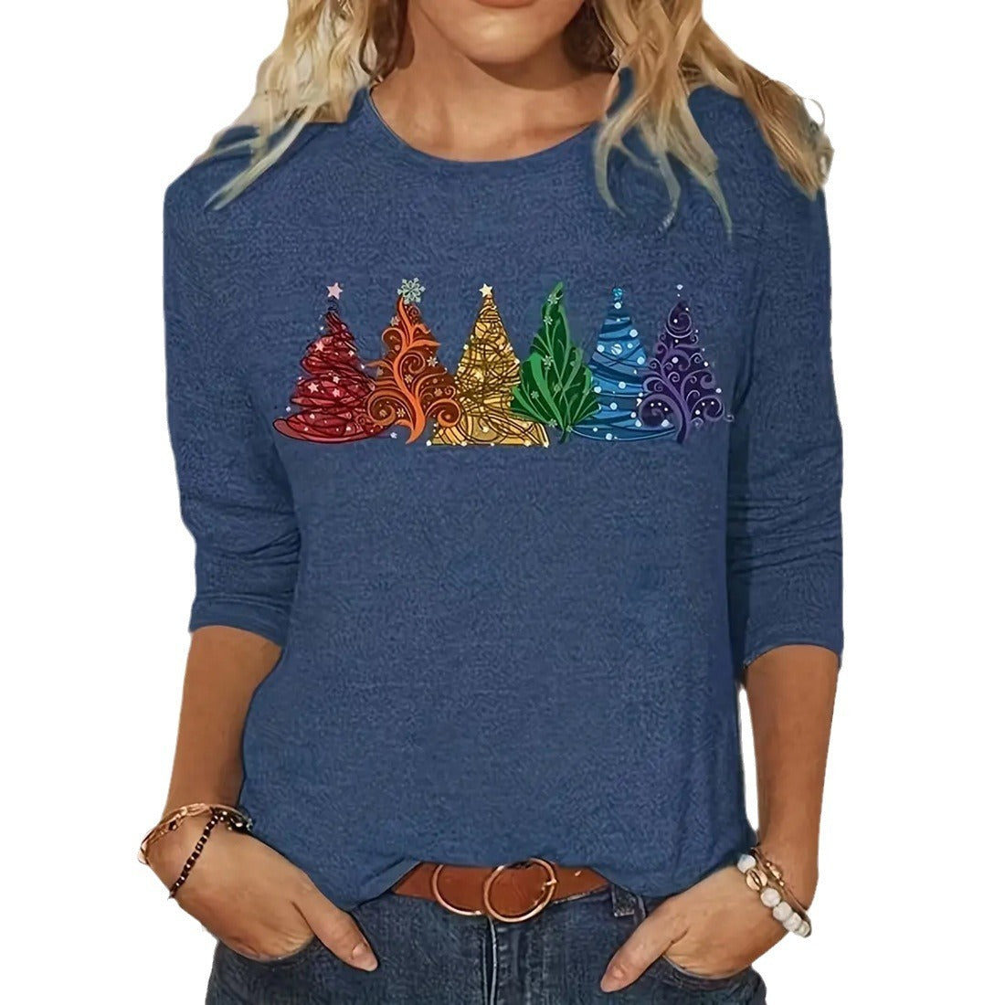 Women's Long-sleeved T-shirt Christmas Tree Printed Round Neck Loose Casual