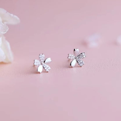 Mini diamond encrusted cherry blossom small stud earrings for women sweet sterling silver needles rose gold plated flowers