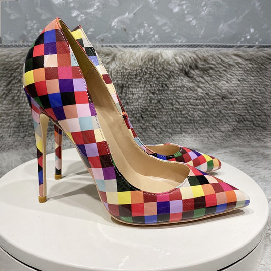 NoEnName_Null-multicolor Plaid high heels, Gladiator shoes, no laces, wedding, sizes 45, 12, 10 and 8 cm