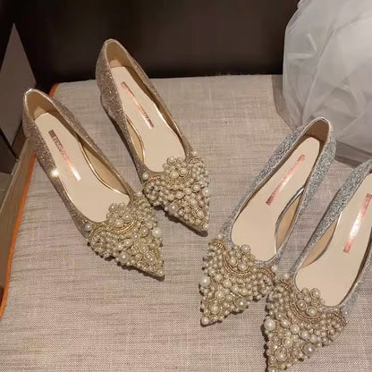 Talons hauts pointus, talons épais pour femmes, chaussures de mariage françaises