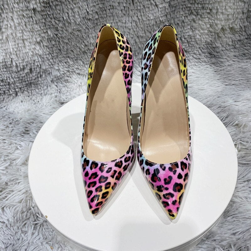 Tikicup Pink Leopard Glossy Print Women Pointy Toe High Heel Shoes for Party Sexy Comfortable Stiletto Pumps 8cm 10cm 12cm