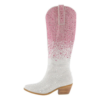 Bearbeitungszeit: 7–15 Tage nach der Bestellung. Onlymaker Damen-Western-Cowgirl-Stiefel mit spitzer Zehenpartie und Strasssteinen, glitzernd, glitzernd, glänzender Blockabsatz