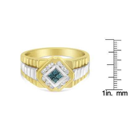 Men's 14kt Yellow and White Gold 1/2 cttw Treated Blue Princess-Cut and White Round-cut Diamond Signet Ring(Treated Blue/H-I,SI2-I1)