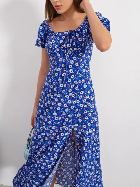 Floral Print Short Sleeve Hip Wrap Party Dress