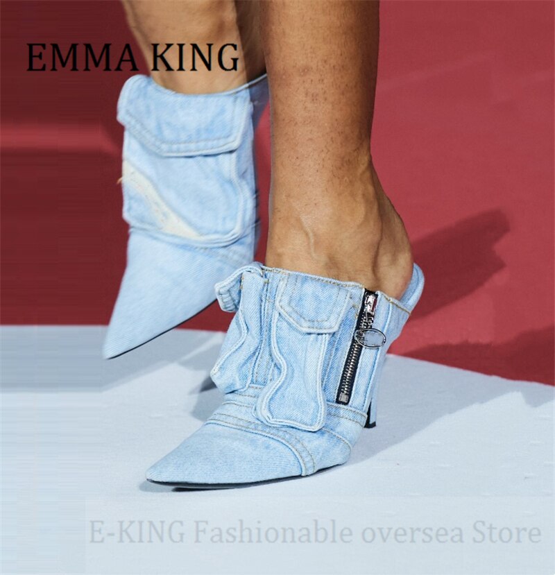 Spring Women High-heel Denim Mules Sexy Pointy Toe Stiletto Heels Slippers Female Fashion Side Zip Pockets Details Slides Shoes