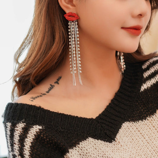 Retro Full Crystal Fashion Red Lip Long Tassel Earrings for Women