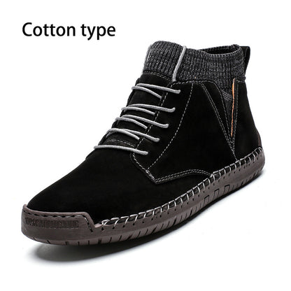 Trendy Fashion Big Yards Shoes Hand Stitching Mid-Top Men's Cotton Boots Korean Version Casual Shoes