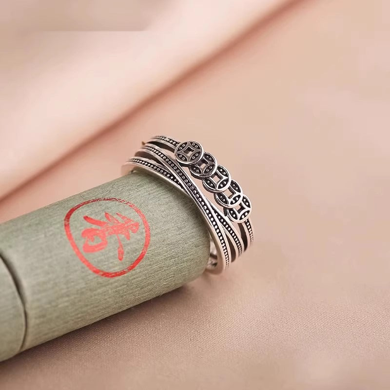 Five Emperors Money Kingdom Trendy Niche Design Retro Finger Ring Coin Open Ring Lucky Fortune