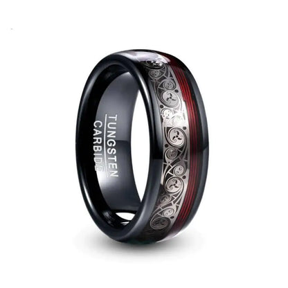 Spiral Motif and Red Guitar String Tungsten Ring