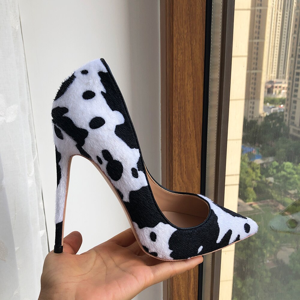 Tikicup Cow Print Women White Hairy Flock Pointy Toe High Heel Shoes Sexy Celebrity Ladies Slip On Stiletto Pumps for Party