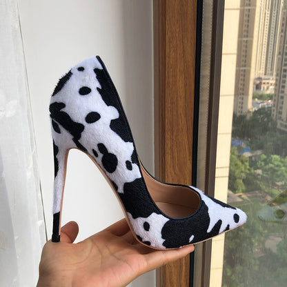 Tikicup Cow Print Women White Hairy Flock Pointy Toe High Heel Shoes Sexy Celebrity Ladies Slip On Stiletto Pumps for Party