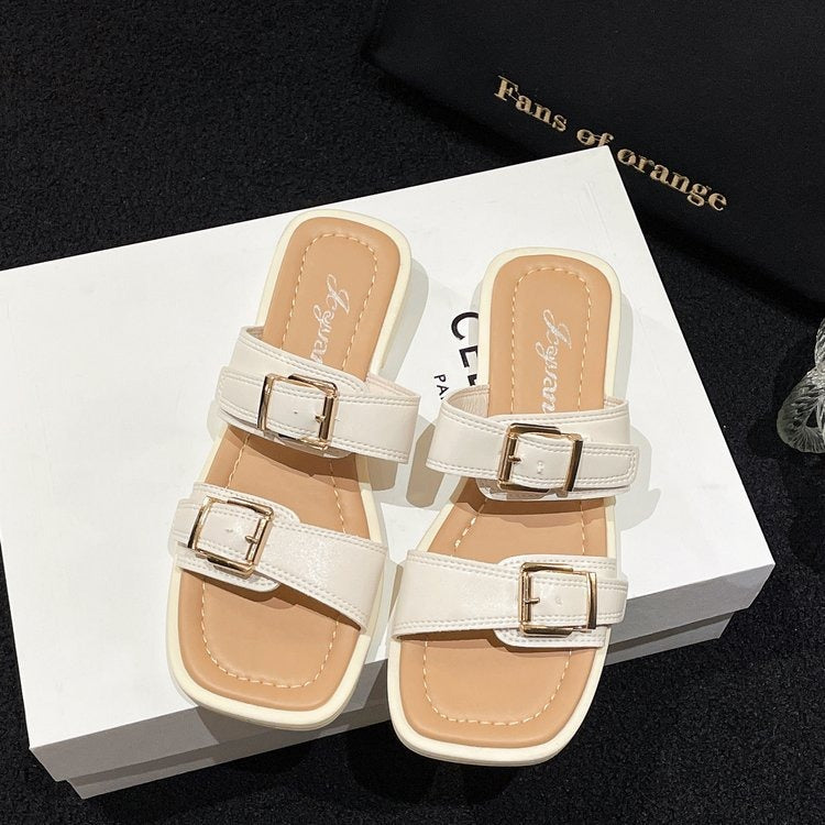 Spring and Summer New Style One Step Push Button Square Head Soft Sole Comfortable Beach Square Heel Women's Slippers