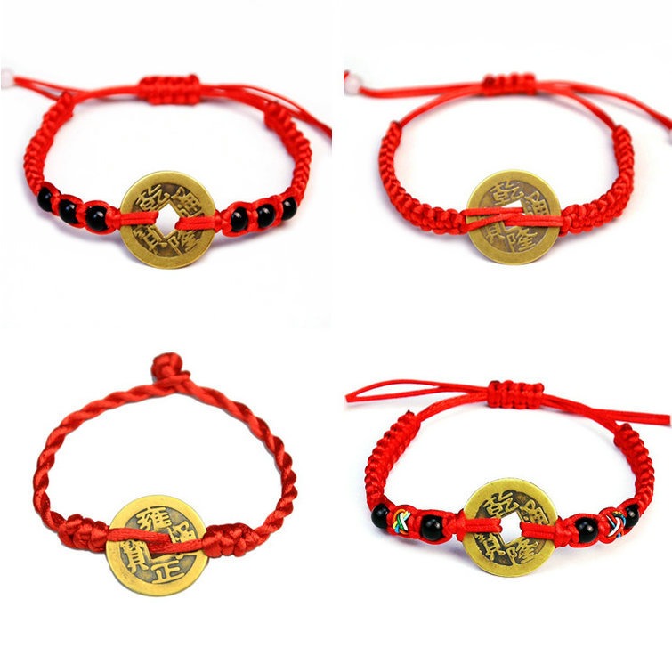 Bracelet en corde rouge Bunbun tissé à la main, pièce de monnaie en cuivre