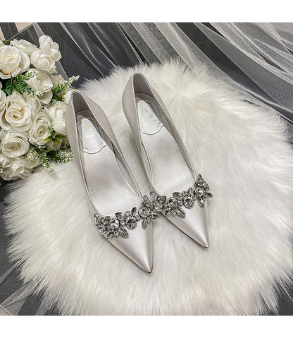 Chaussures de mariée en cristal de mariage, robe en soie Champagne, chaussures de demoiselle d'honneur, talons hauts blancs, talons fins