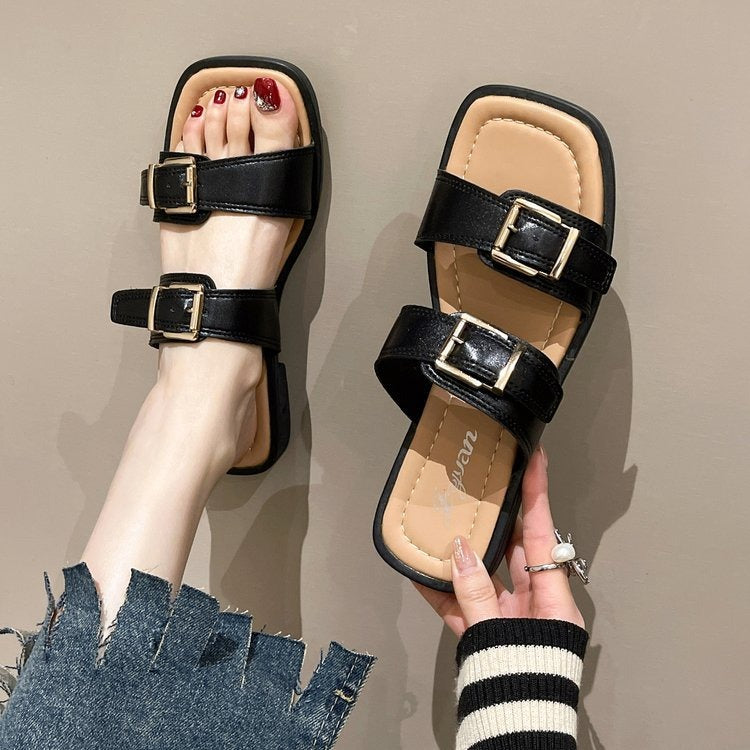 Spring and Summer New Style One Step Push Button Square Head Soft Sole Comfortable Beach Square Heel Women's Slippers