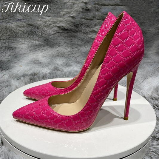 Tikicup Rose Pink Damen-Stiletto-Pumps mit Kroko-Effekt, spitzer Zehenbereich, Slip-On, 8/10/12 cm, High Heels, Damen-Partykleid-Schuhe 