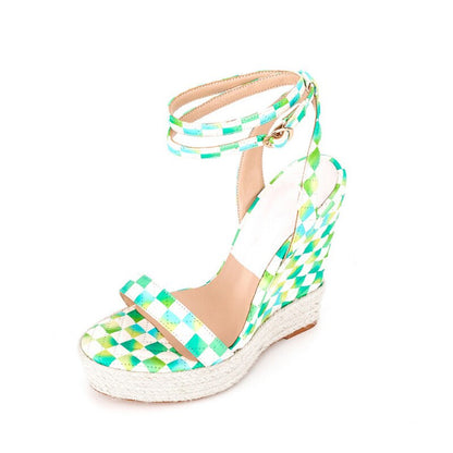 processing time:15 days after placing orders--New Brand Women's Summer Fashion Color Contrast Plaid Cross Stitch Wedge Heel Thick Sole Sandals Elegant Dress Party Shoes