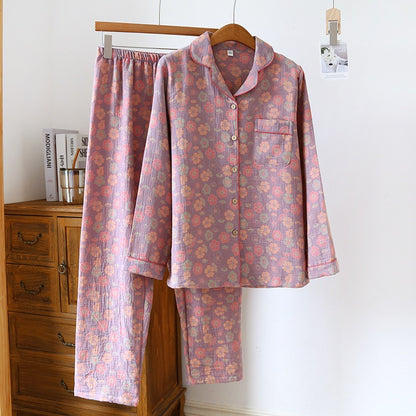 spring and summer women's pajamas suit long-sleeved trousers two-piece 100% cotton crepe flower leaves home clothes