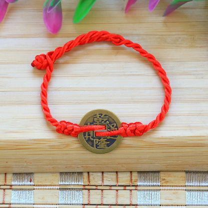 Bracelet en corde rouge Bunbun tissé à la main, pièce de monnaie en cuivre