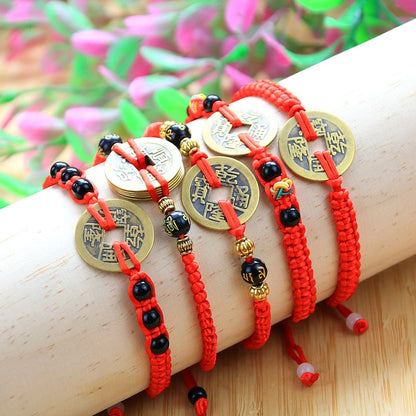 Bracelet en corde rouge Bunbun tissé à la main, pièce de monnaie en cuivre