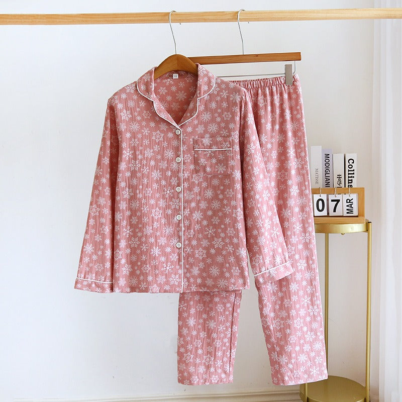 spring and summer women's pajamas suit long-sleeved trousers two-piece 100% cotton crepe flower leaves home clothes