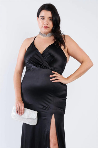 Plus Size Black Surplice Open Criss Cross Back Maxi Dress /2-1-1