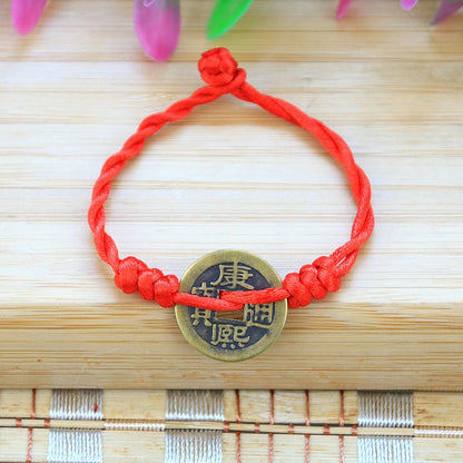 Bracelet en corde rouge Bunbun tissé à la main, pièce de monnaie en cuivre