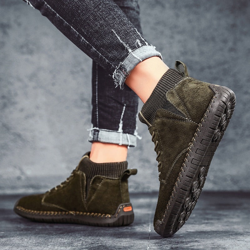 Trendy Fashion Big Yards Shoes Hand Stitching Mid-Top Men's Cotton Boots Korean Version Casual Shoes