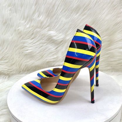 Multi-Color Stripes Print Women Fashion Designer Pointy Toe High Heel Shoes for Party Sexy Ladies Slip On Stiletto Pumps