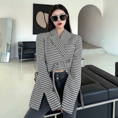 Plaid Blazers For Women Notched Colllar Long Sleeves Patchwork Binding Loose Blazer Female Fashion