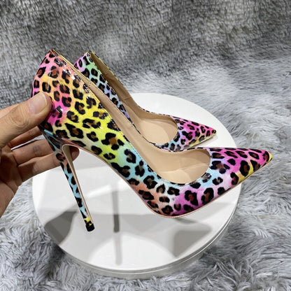 Tikicup Pink Leopard Glossy Print Women Pointy Toe High Heel Shoes for Party Sexy Comfortable Stiletto Pumps 8cm 10cm 12cm